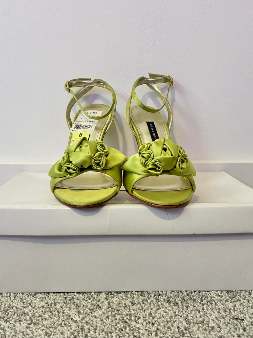 Caparros Lime Green Satin Ankle-Strap Floral Heels